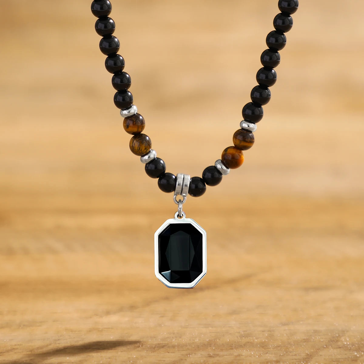 Black Beads with Square Pendant Necklace