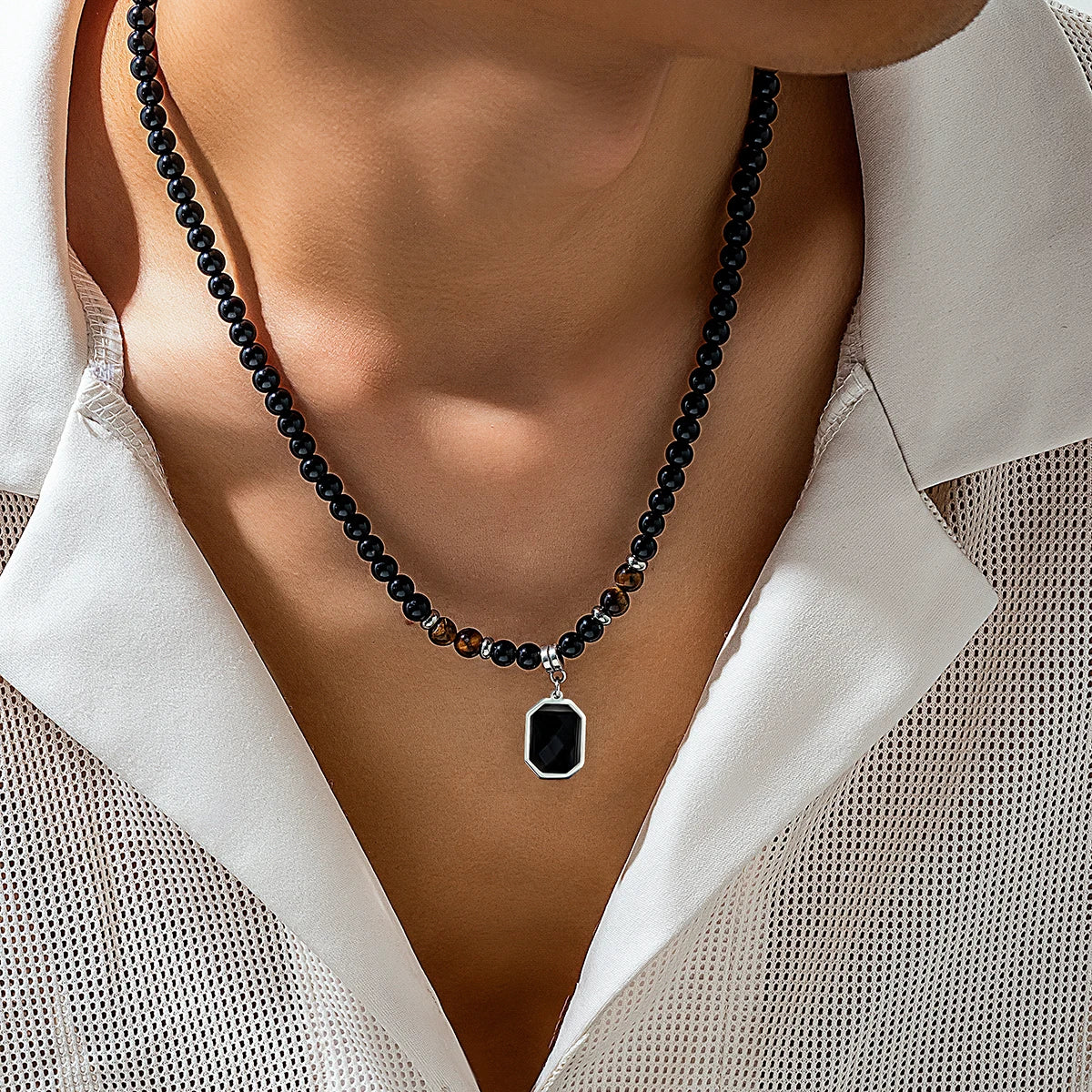 Black Beads with Square Pendant Necklace