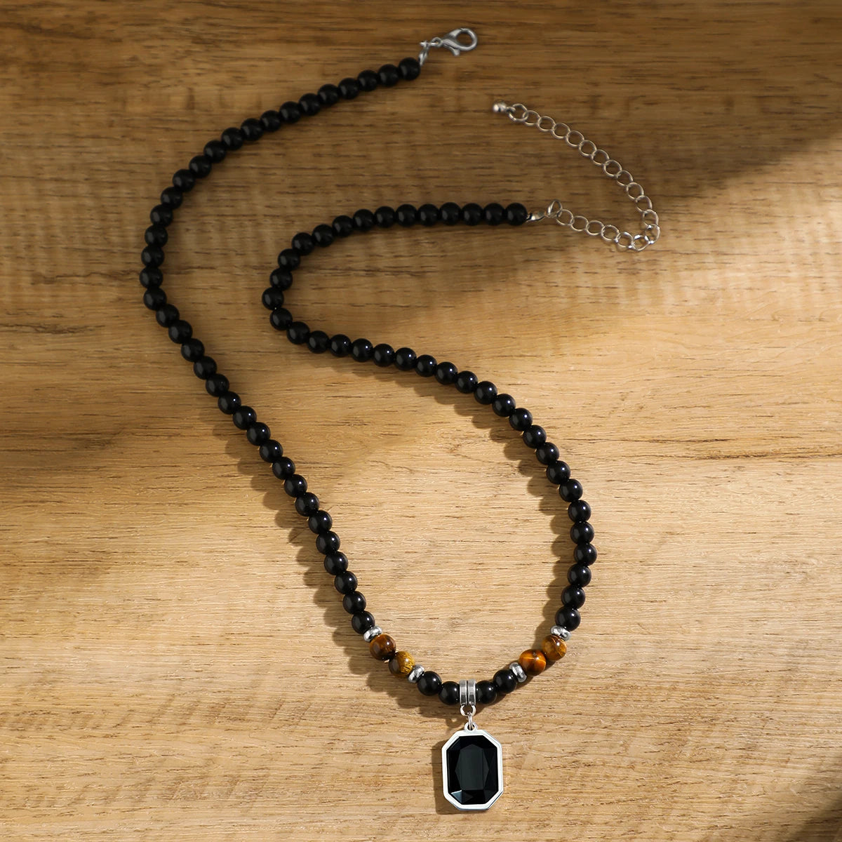 Black Beads with Square Pendant Necklace